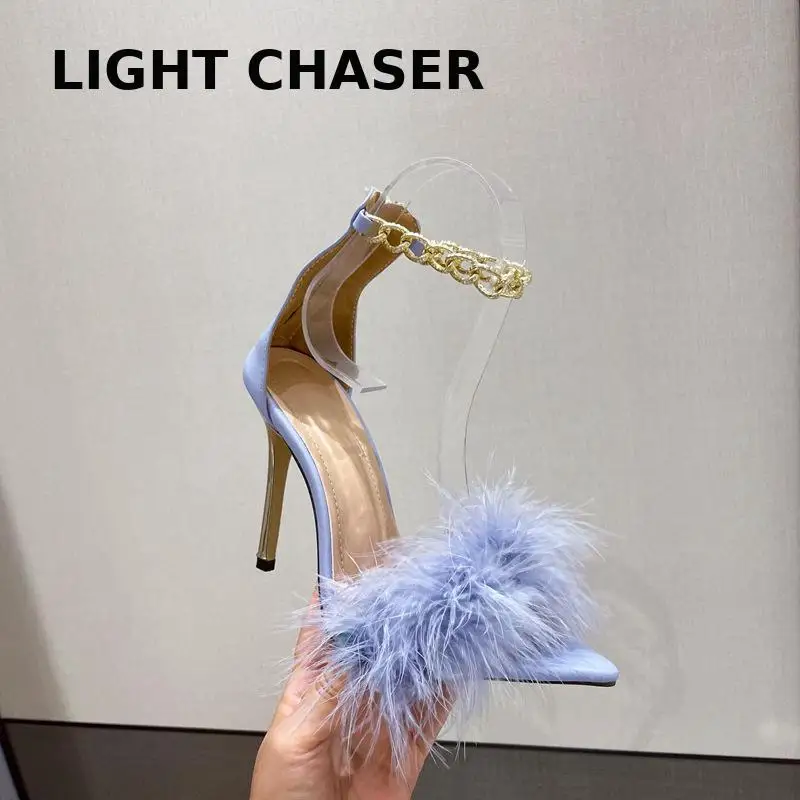 

Fashion Simple Summer Feather Pointed Chain Stiletto Women Sandals Women Super High Heels Sexy Dress Party Shoes Buckles Pumps