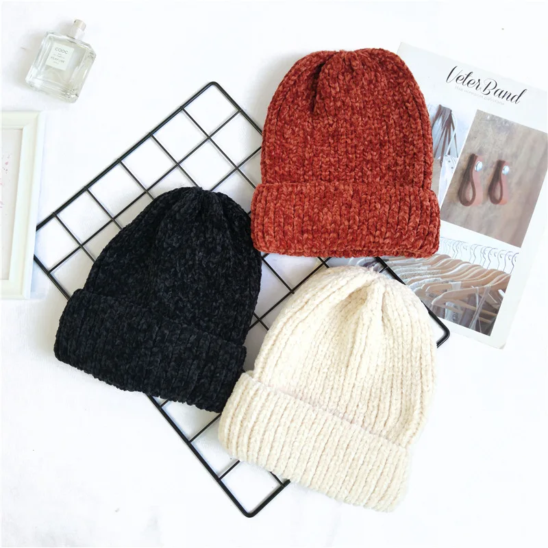 Chunky striped Beanies Hats Winter Women girl Thick Warm Soft Corduroy Knitted Hat Skullies Cap Curled Skullcap Ski Sport