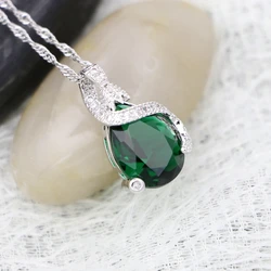 Silver 925 Water Drop Pendant Necklace for Women Wedding Accessories Green Cubic Zirconia White Crystal