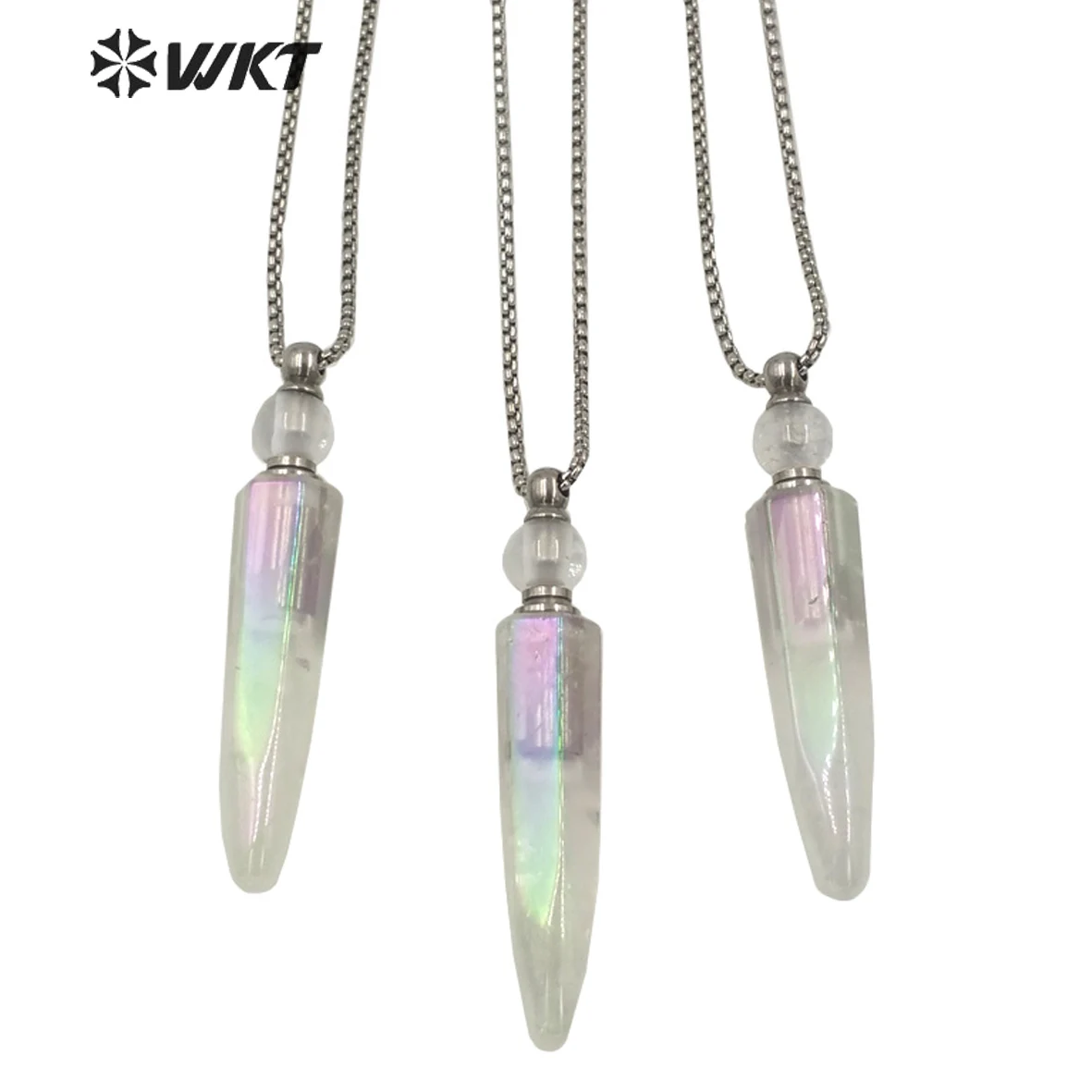 

WT-N1259 Steel Amazing Natural Aura Crystal Quartz Point Perfume Bottle Necklace Unisex Spirit Stone Fine Jewelry