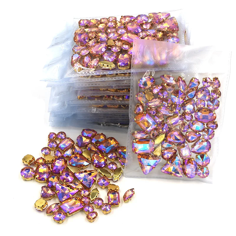 New arrival Wholesale 5 bags mixed shape sew on glass crystal Water red AB rhinestones gold base for clothing/dress