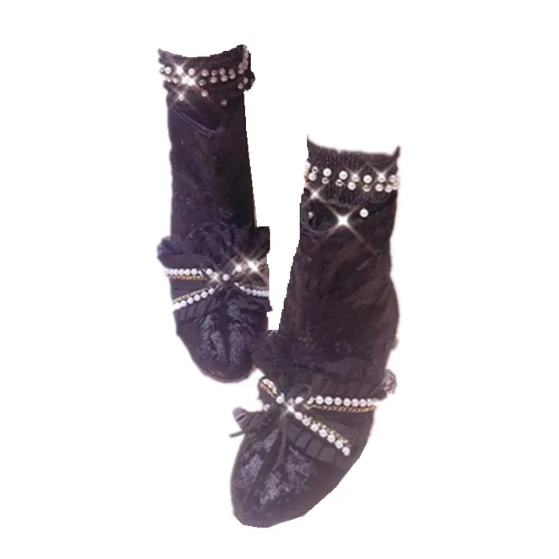 Pearl Lace Suede Princess Black Lolita Booties Bowknot Princess womanShoes Kawaii Girl Tea Party Platform Short Boots cos