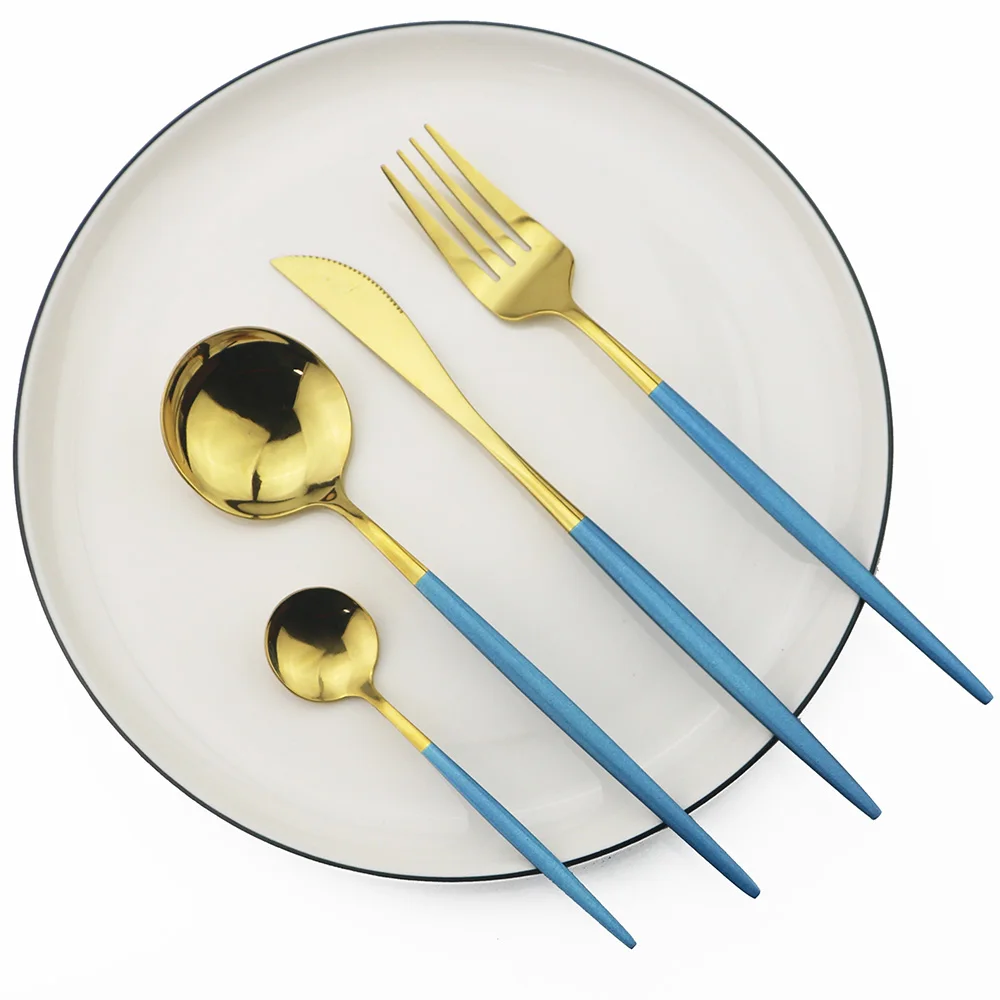 16Pcs Blue Gold Cutlery Set 304 Stainless Steel Dinnerware Set Gold Tableware Kitchen Silverware Mirror Colorful Flatware Set