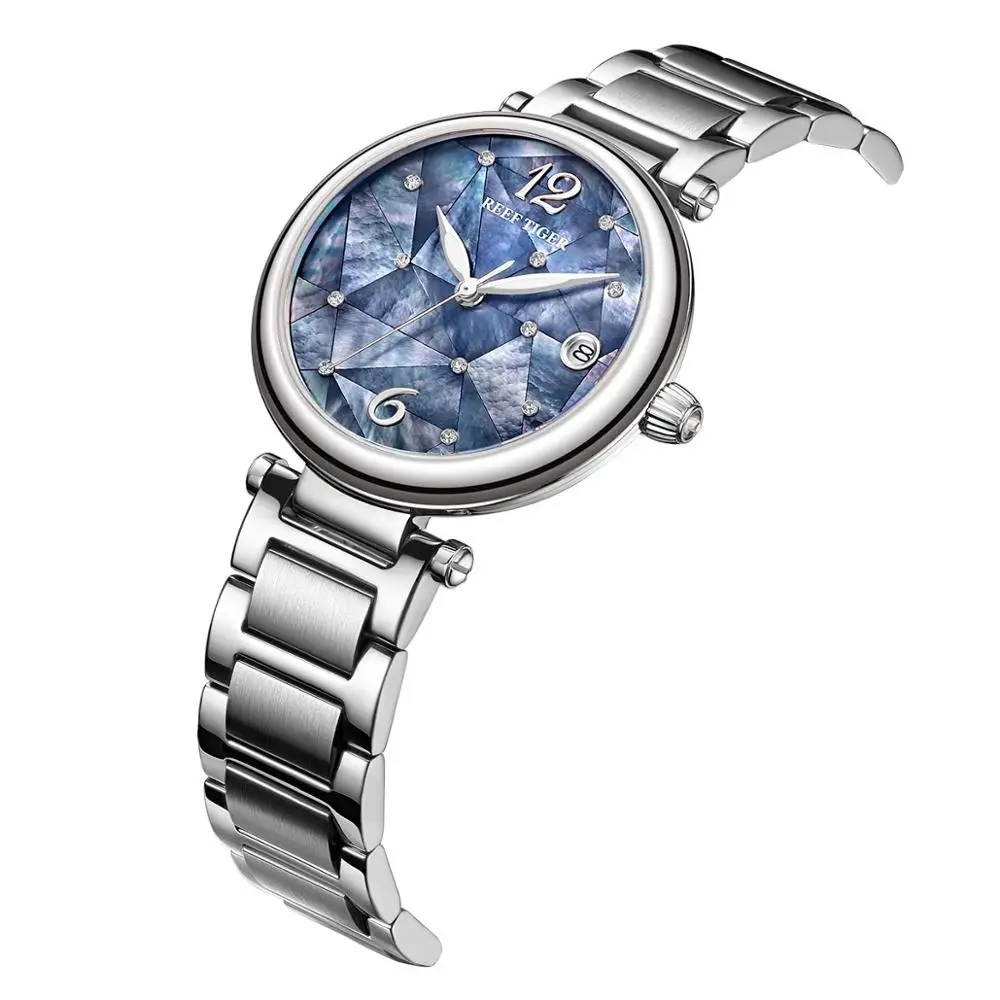 Reef Tiger/RT Desain Baru Mewah Stainless Steel Biru Panggil Automatic Jam Tangan Wanita Berlian Watch RGA1584