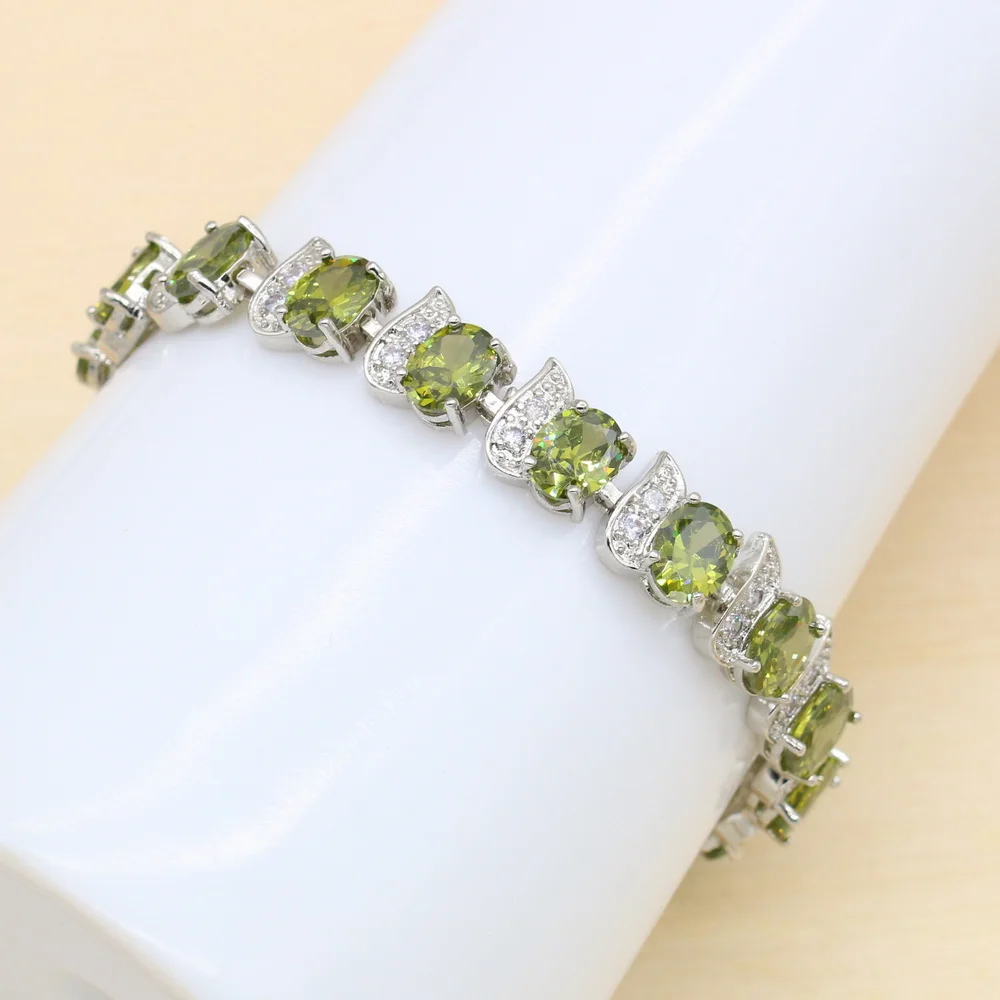 925 Sterling Silver Luxury Popular Olive Green Stones Cubic Zirconia Jewelry Sets For Women Earrings Pendant Necklace Bracelet