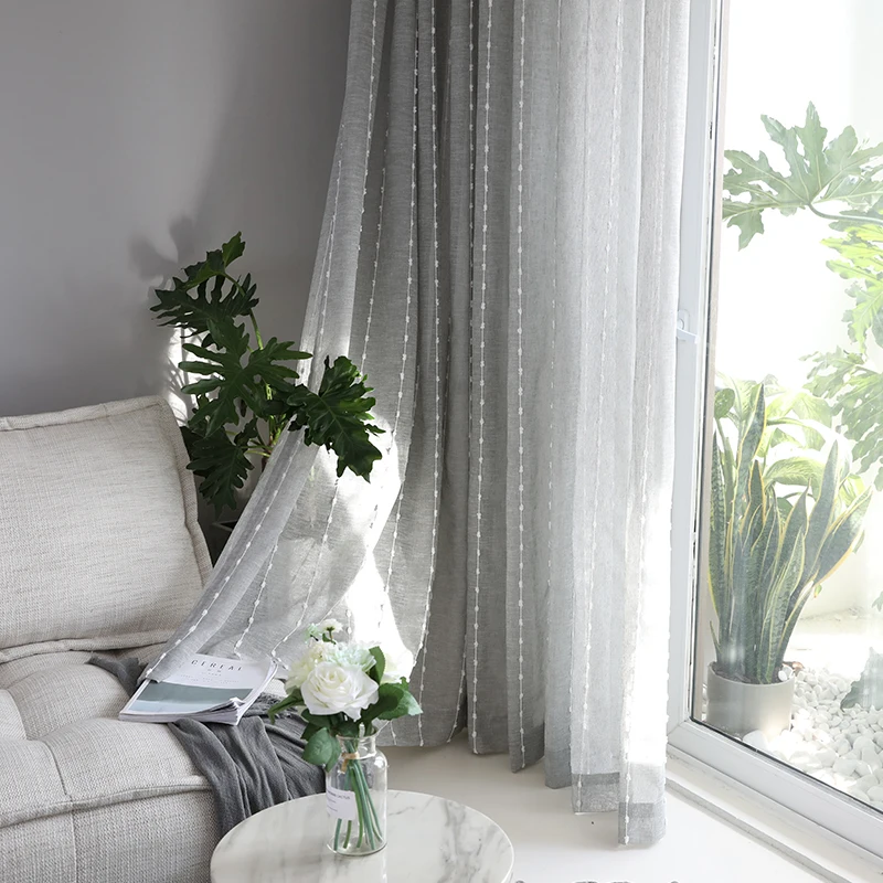 Modern grey Embroidery curtain yarn vertical stripe embroidery curtain yarn of living room bedroom balcony bay window curtains