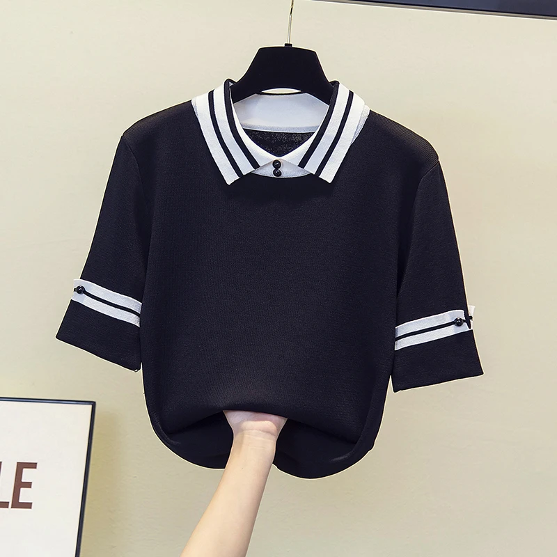 Plus Big Size Summer Short Sleeve Striped Pullover Women Sweater Knitted 2023 Sweaters Tops Korean Pull Femme Jumper Female