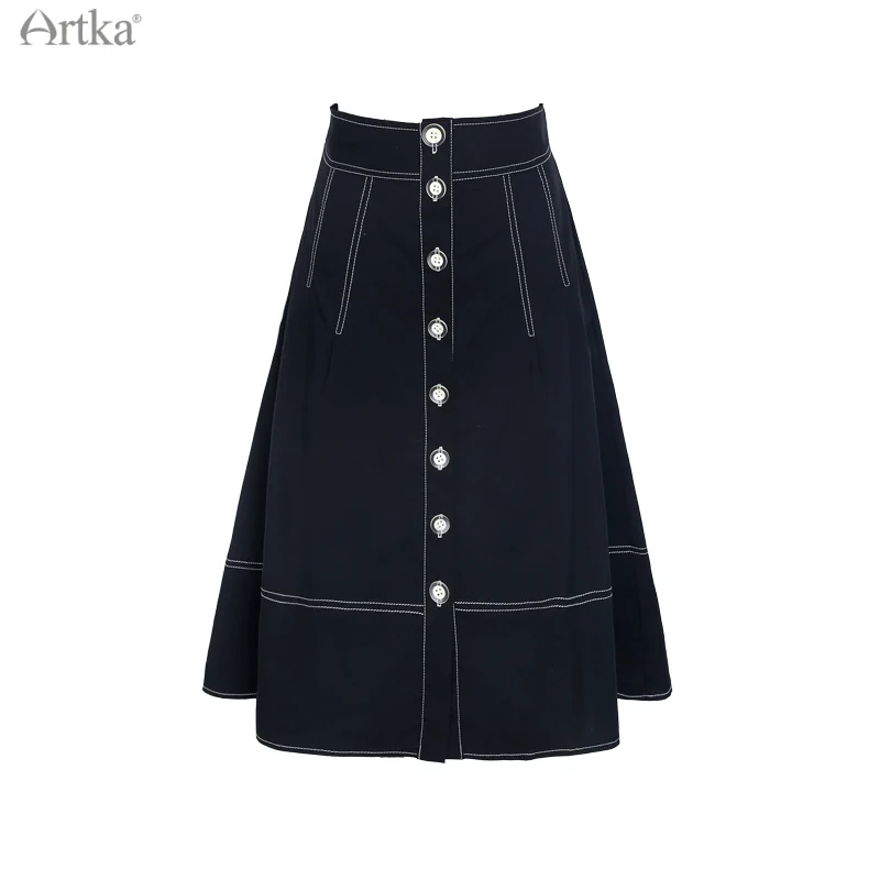 ARTKA 2021 Summer New Women Skirt Fashion High Waist Single-breasted A-Line Skirts Female Midi Black Denim Skirt QA22112X