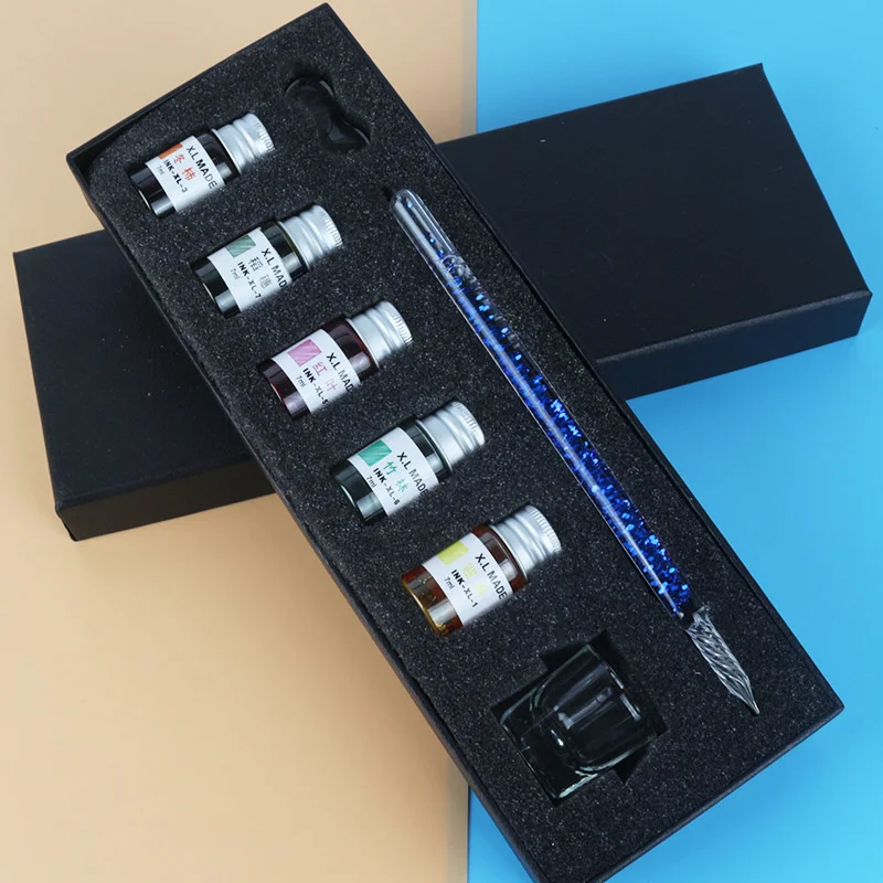 3/8pcs Quicksand Glass Dipped Pen And Ink Set New Fountain Pencil Gold Powder Color Ink Sets Creative Gifts Pencil Box Gift