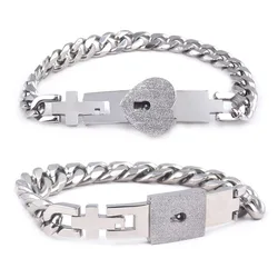 2Pcs Tone Stainless Steel Lover Heart Love Lock Bracelet with Lock Key Bangles Kit Couple Jewelry Gift