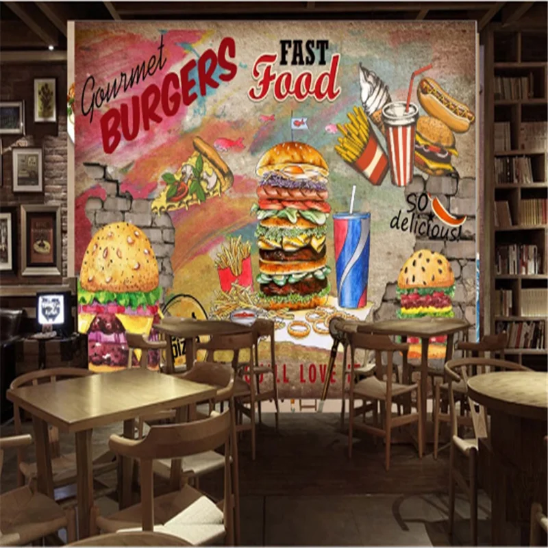 

Custom Hot Dogs Burgers Western Fast Food Restaurant Background Wall Mural Wallpaper 3D Snack Bar Hamburger pizza Wall Paper 3D