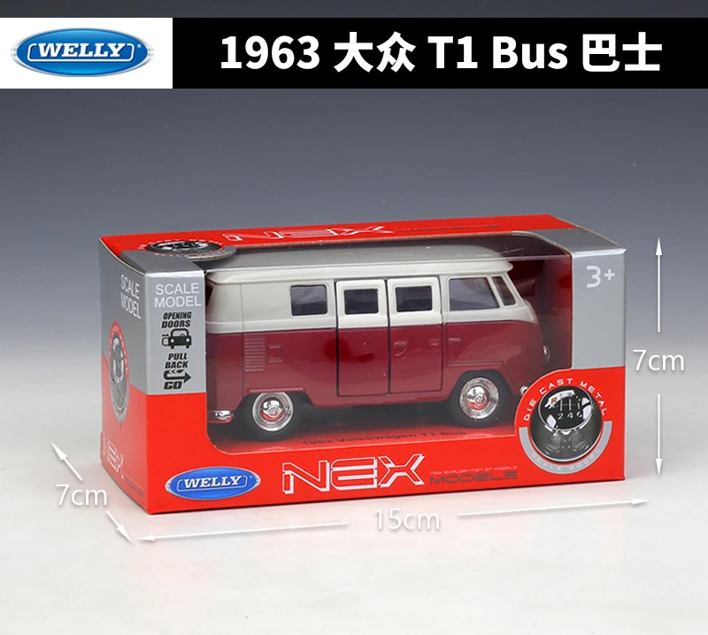 WELLY Diecast 1:36 Car Simulator 1963 Volkswagen T1 Bus Classic Pull Back Car Model Car Metal Alloy Toy Car Kid Gifts Collection