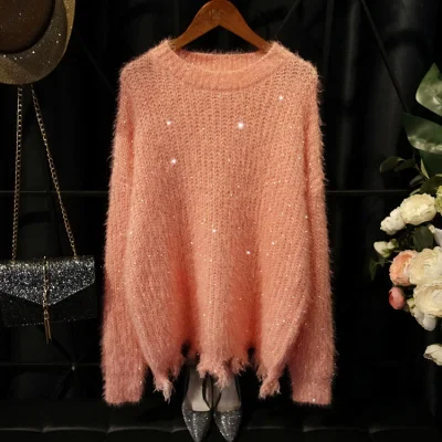 Cakucool Women Shiny Lurex Sweater Bling Loose Pink Round Neck Korea Sweaters Ripped Holes Autumn Spring Oversize Jumpers Lady