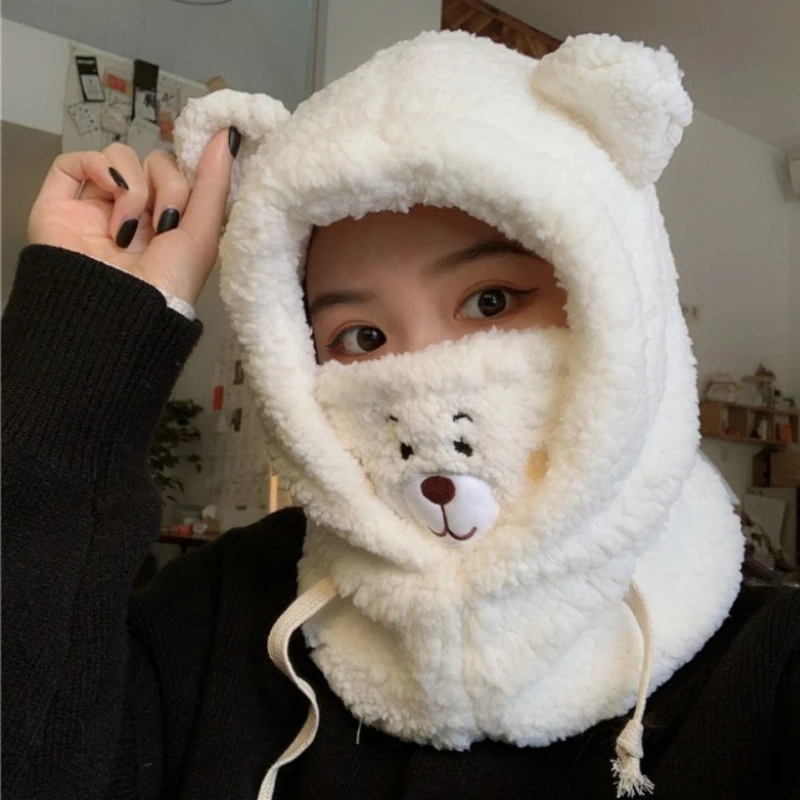 Bear Ear Hat Lamb Plush Winter Head Hood Thickened Warm Headset  Protection One Mask Beanies Autumn Skullies for Women Girls