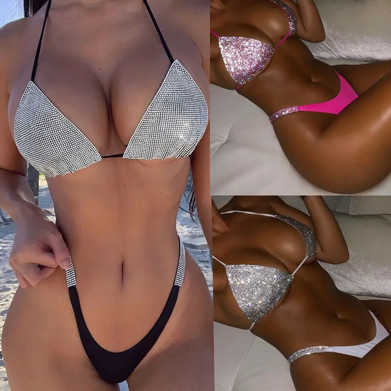 Luxury Bling Rhinestone Sliver Bikini Set Crystal Diamond Sexy Women Bathing Swimsuit Halter Push Up Bandage Swimwear Beachwear