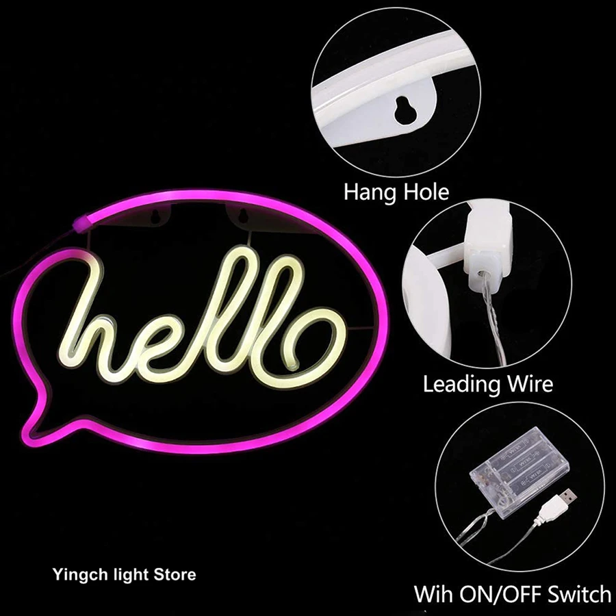 

HELLO Figure Neon Light Sign Greeting Alphabet LED Modeing Lamp Nightlight for Door Window Shop Party USB & Battery Case Powered