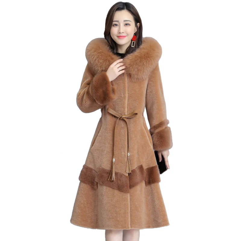 

Fur Sheep Shearing Coat Woman 2024 Winter Fox Fur Hooded Fur Parka Jacket Female Warm 4XL Long Chic Overcoat Woman Windbreaker