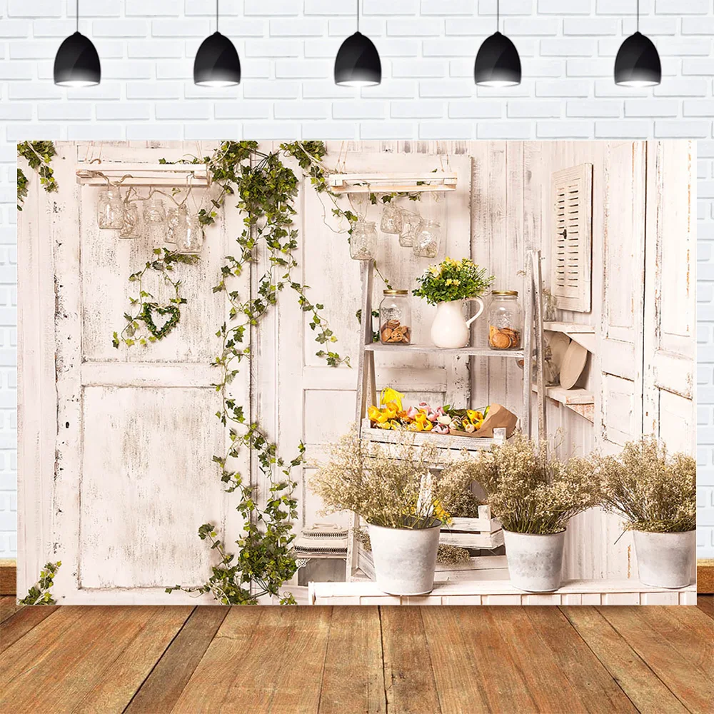 

Spring Photography Backdrop for Photo Studio Green Flower Potted Plant White Wood Background Easter Birthday Backdrops Photocall