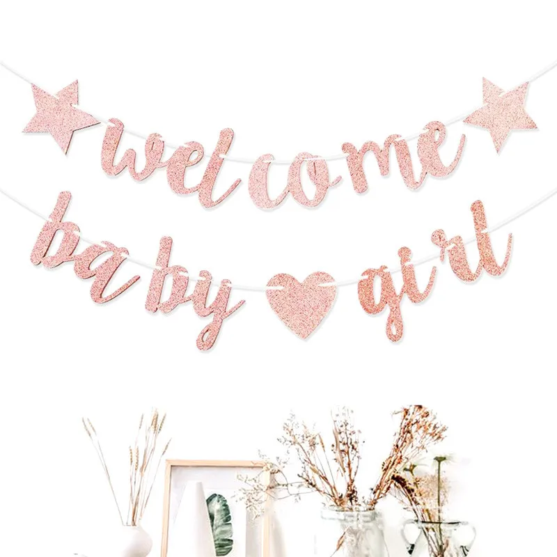 Baby Shower Decoration Banner Pink Five-pointed Star Love Welcome Baby Girl Glitter Garland Party Decoration