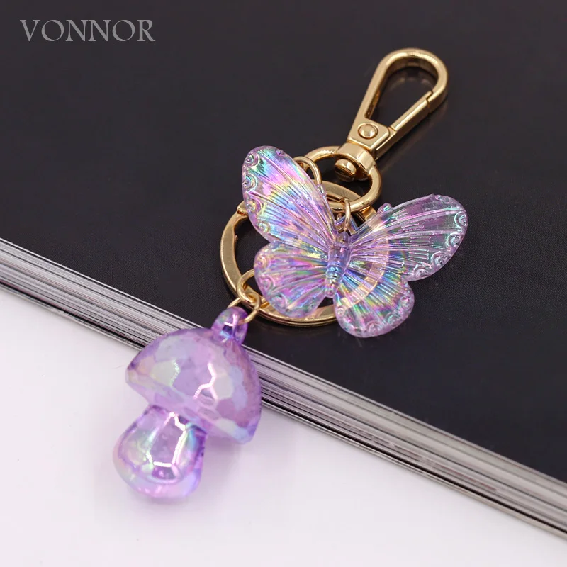 New Fashion Keychain Colorful Acrylic Butterfly Mushroom Pendant Pastoral Plant Insect Key Chain