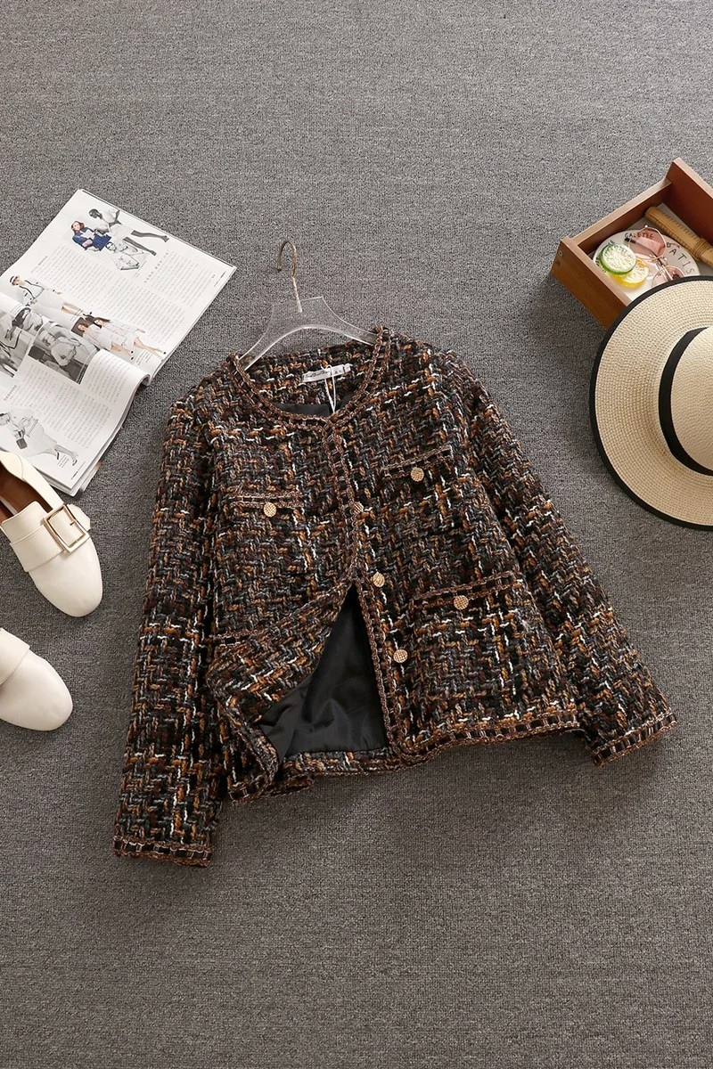 Woolen Jacket Women\'s Short Autumn Winter Korean Temperament Slim Ladies Tweed Jacket Single-breasted Plaid High-quality Coat