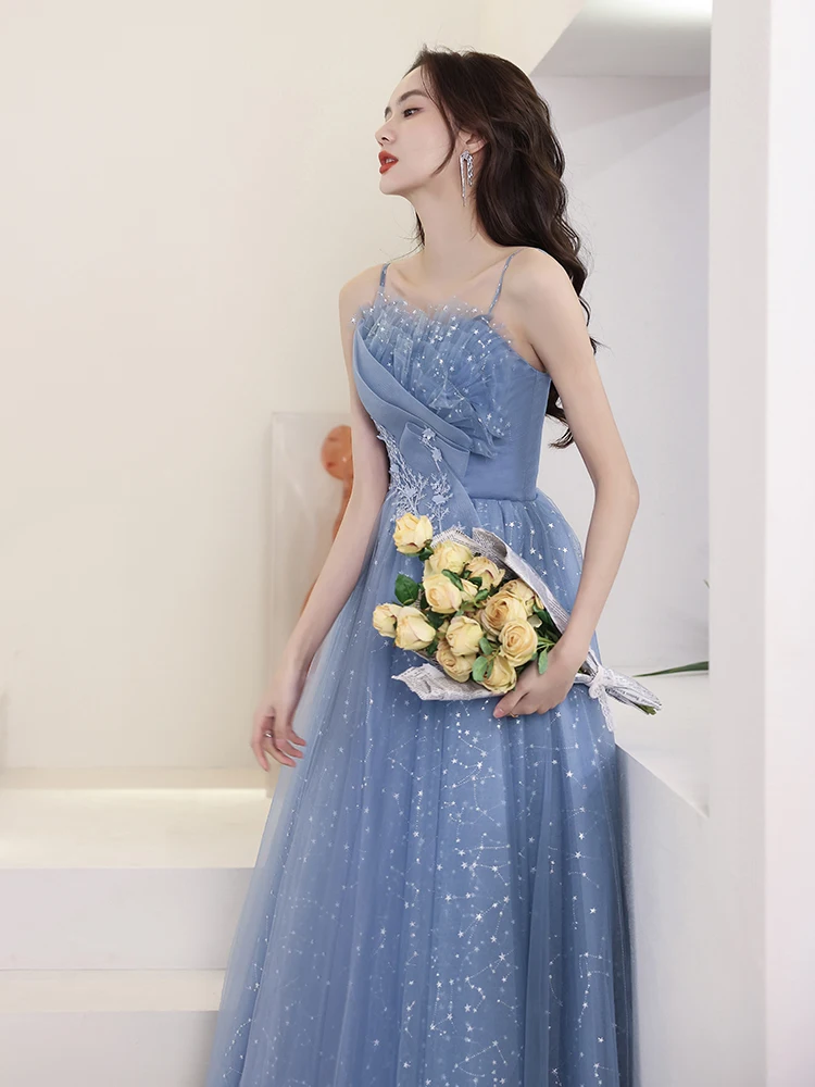 Chic Agaric Lace Up Strapless A Line Evening Dress Blue Spaghetti Strap Appliques Retro Bandage Shining Prom Party Gown