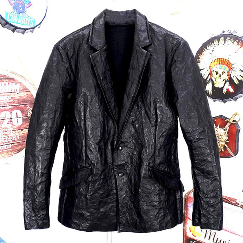 Brand Luxury Men Genuine Leather Jacket Lapel Single-Breasted Pleated Vintage Design Black Spring Autumn Cowhide Fit Outerwear