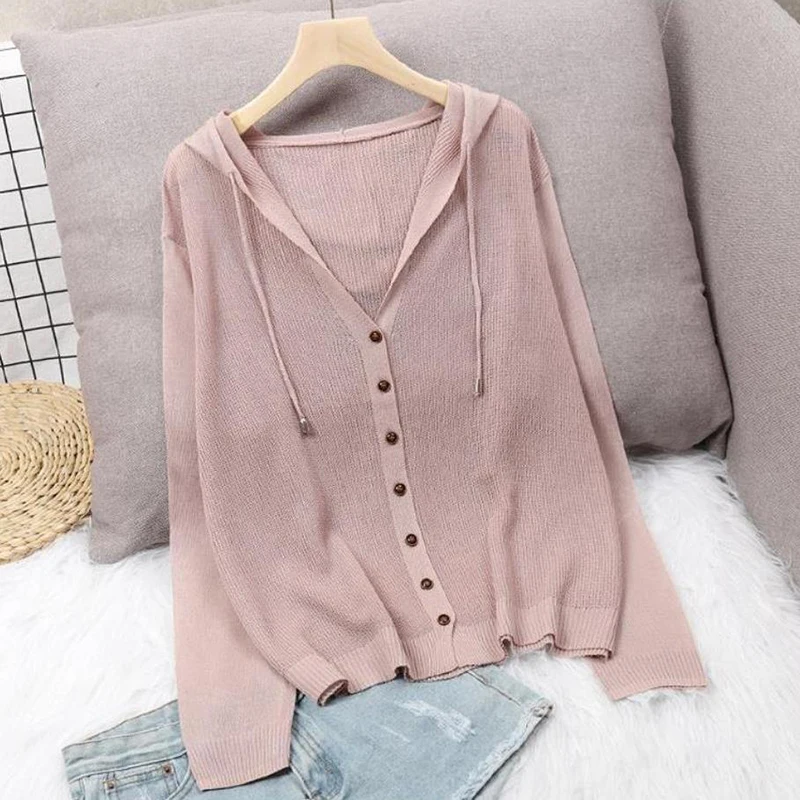 Loose Knitted Hooded Cardigans For Women Summer Thin Long Seeve Sunscreen Shirt Single Breasted Solid Knitwear Coat Tops Female