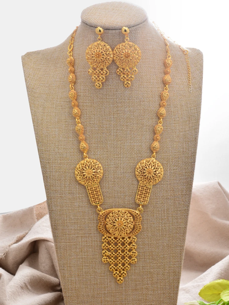 Dubai Gold Color Jewelry Set For Women Men Luxury Necklace Earrings Bridal African Wedding  Jewelry Set Ornament Wife Gifts