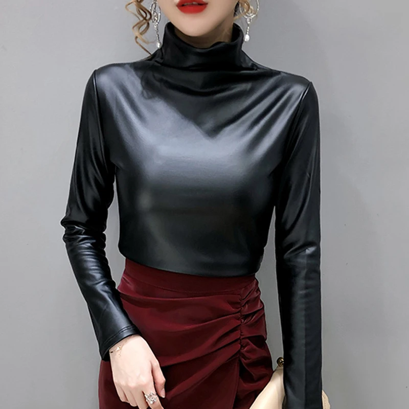 Shintimes Turtleneck Soft PU Leather T Shirt Women Long Sleeve Tee 2022 Winter Warm Tshirts Womens Clothing Camisetas De Mujer