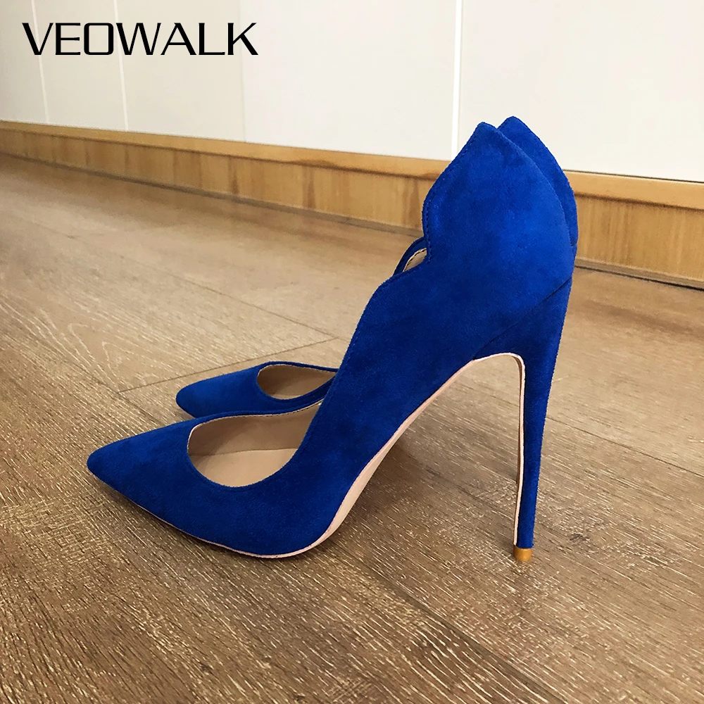 Veowalk Blue Faux Suede Women Curl Upper Pointed Toe Stiletto Pumps 8cm 10cm 12cm High Heel Gorgeous Plain Slip On Party Shoes