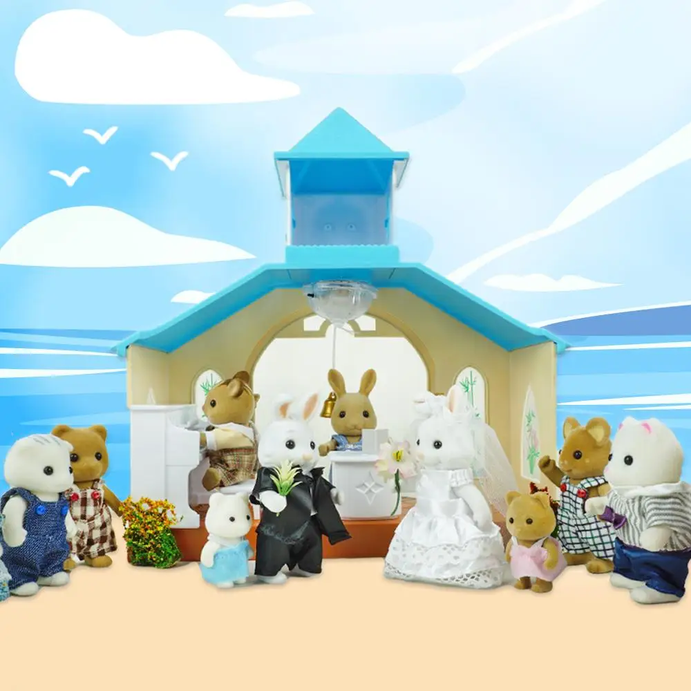 1:12 floresta animal família capela casamento figura de ação recém-casado coelho casal casa de bonecas em miniatura brinquedo meninas presente