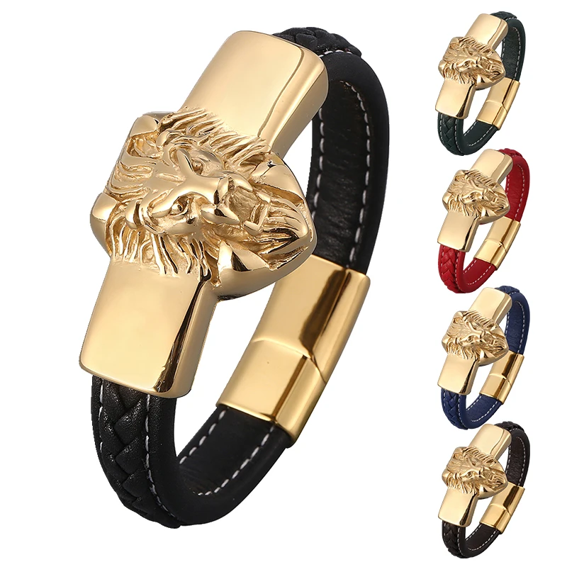 Punk Mens Bracelets Leo Lion Stainless Steel Magnetic Clasp Leather Bracelet Cuff Wristband Fashion Jewelry BB0820