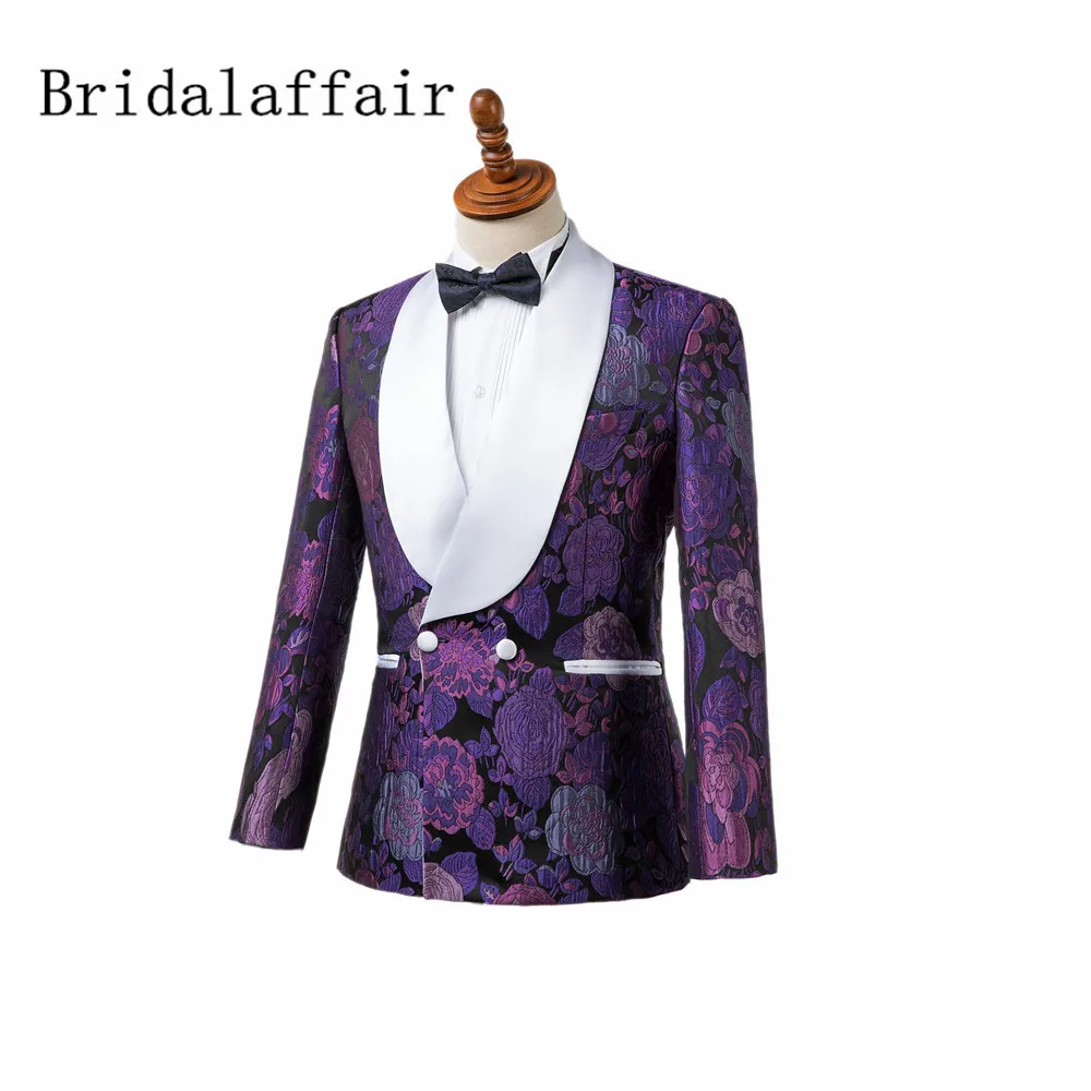 Bridalaffair 2021 Tailor-Made Groom Tuxedos Purple Floral Printed Men Suit Set For Wedding Mens Shawl Lapel Jacket Piping Pants