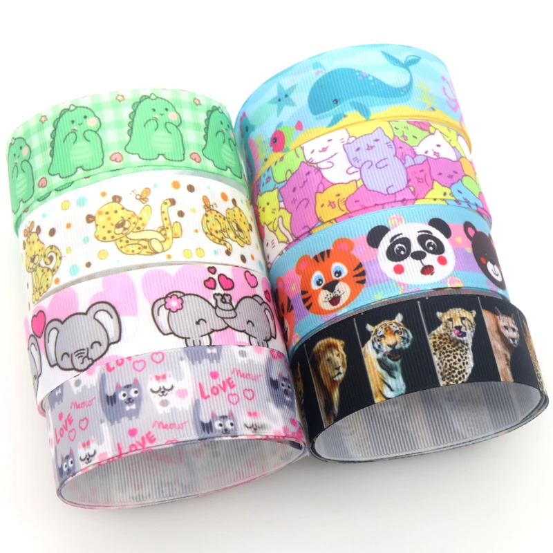 DHK 7/8'' 5yards Animals Cat Dinosaur Printed Grosgrain Ribbon Accessories Material Headwear Decoration DIY Sewing Craft E2018