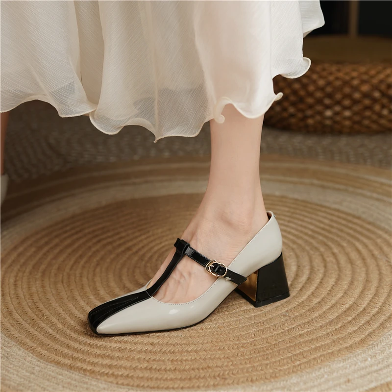 Drestrive Patent Leahter Mary Janes Square Toe Buckle Patchwork 2021 Summer Thick High Heel Shoes Big Size 42 Women Pumps