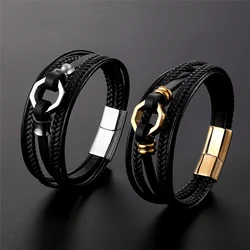 New Multi-layer Style Hand-woven Accessories Combination Stainless Steel Bracelets Men Leather Bracelet Gold Steel Color Jewelry