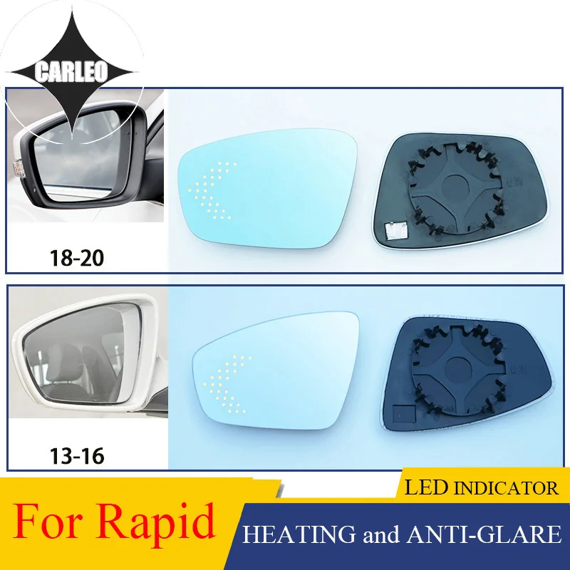 Car Side View Mirror Lens for Skoda Rapid 2013-2020  Blue HD Glass Large view With Heating Function& LED Indicator Light