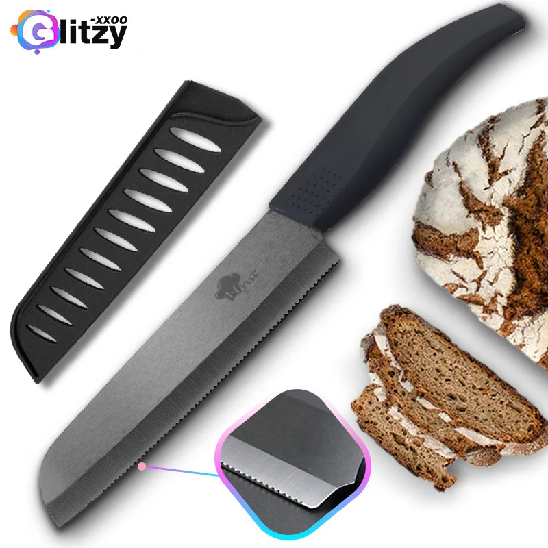 Ceramic Knife 3 4 5 6inch Serrated Bread Knife Kitchen Black Zirconia Blade Knife Not Rust Sharp Slicing Cooking Tool with Cover