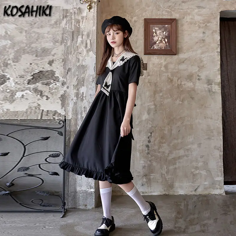 KOSAHIKI Japanese Harajuku Dark Gothic Lolita Dress Women Vintage Preppy Style Sweet Lace Turn Down Collar Loose Dresses Robe