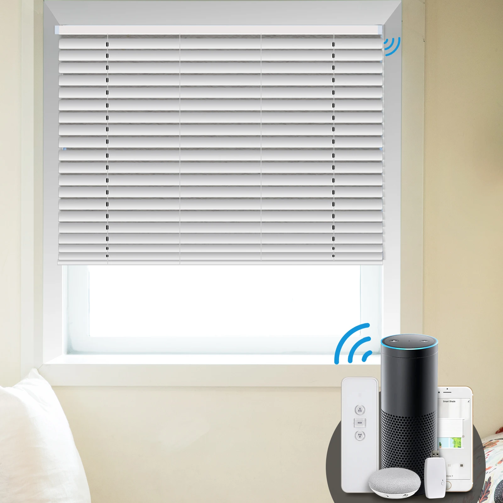 Zemismart WiFi Tuya Smart Home Punch Free Curtain Aluminum Roller Shade with Smart Motor Built in Battery Alexa Google Home