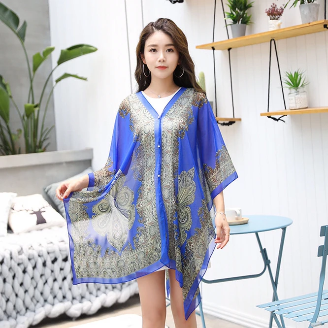 Fashion Women Scarf Shawl Poncho Printed Sunscreen Sun Protection Beach Shawl Bikini Cover Soft Comfortable Hot Sale Blue