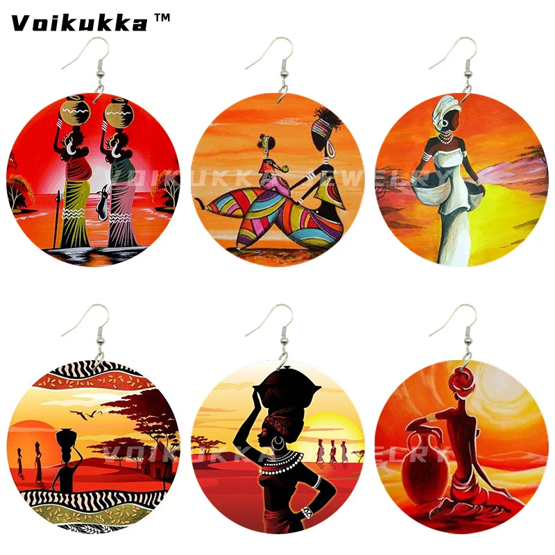 Voikukka Jewelry 6 CM Circle Wooden African Traditional Art Woman Headscarf Both Sides Printing Dangle Earrings For Gifts