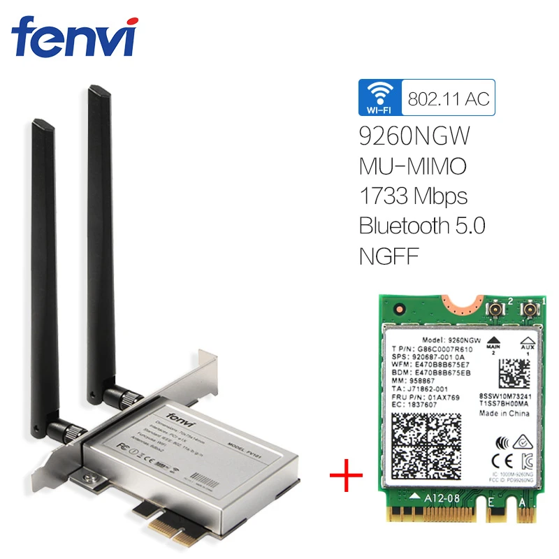 Kit Wifi PCIe x1 AC9260 9260NGW 1730Mbps pour carte Intel Wifi NGFF M.2 Bluetooth 5.0 MU-MIMO 1/802 ac/ax