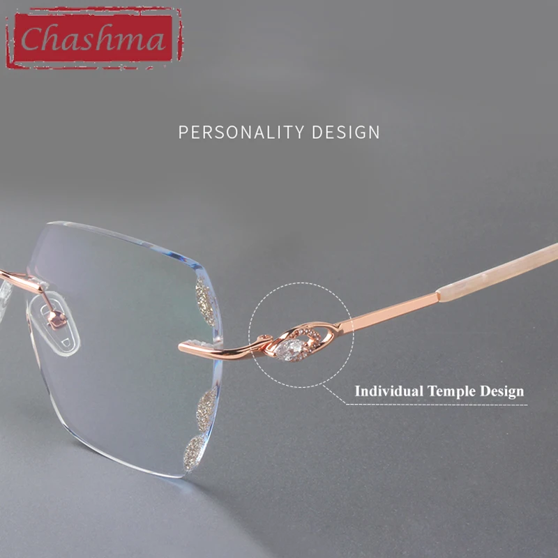 Chashma แว่นตาผู้หญิงสี่เหลี่ยมแว่นตาไทเทเนียมสีเทาแดงเลนส์ตัดเพชรกรอบแว่นไร้กรอบแว่นตาผู้หญิงเลนส์สีอ่อน