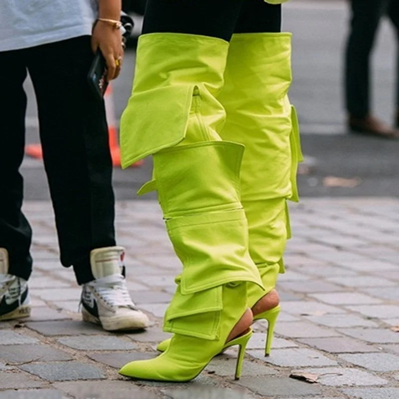 

Women Pocket Thigh High Boots Pointed Toe Fluorescence Leather Over The Knee Boots Thin Heels Winter Long Boots