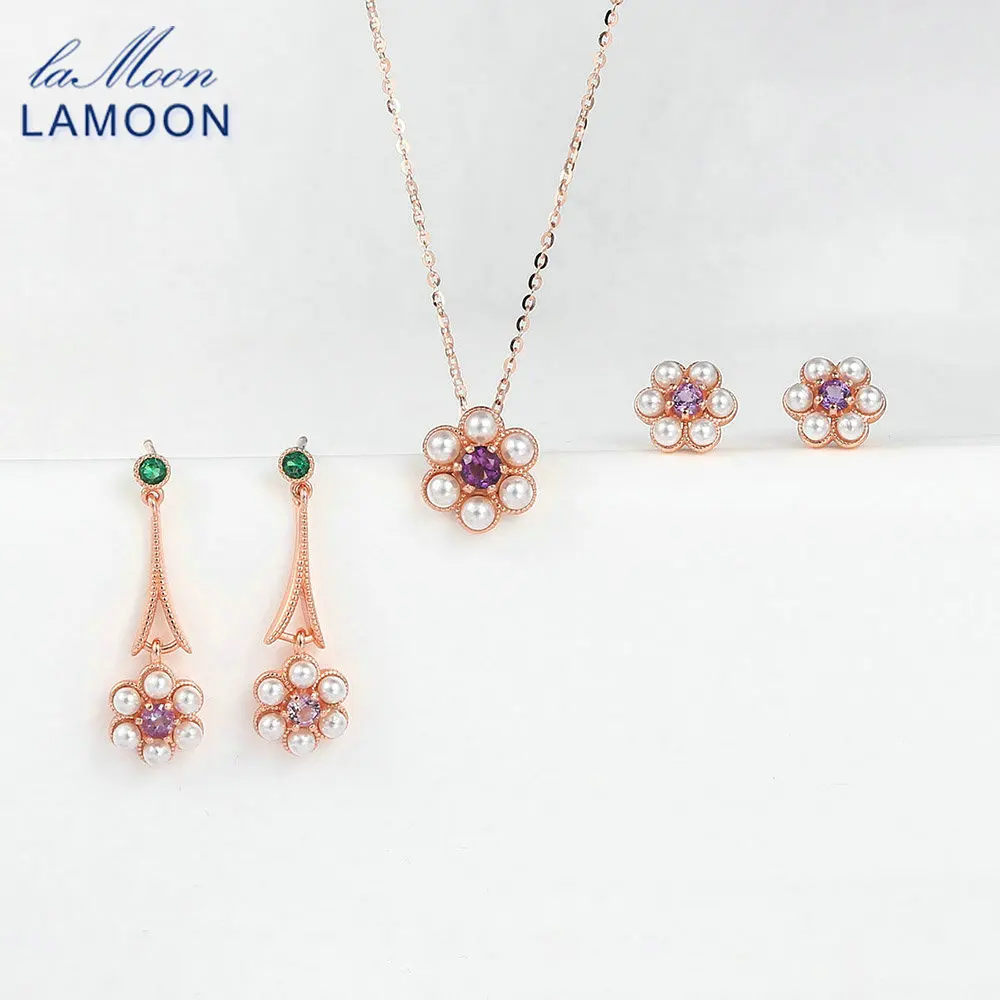 LAMOON 925 Sterling Silver Set For Women Little Flower Pearl Amethyst Gemstone 18k Rose Gold Plated Fine Jewelry Vivi Style V052