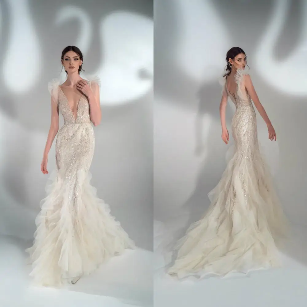 Sparkly Mermaid Wedding Dresses Sexy Deep V Neck Sequins Lace Appliques Bridal Gowns Lace-up Back Tiered Wedding Dress