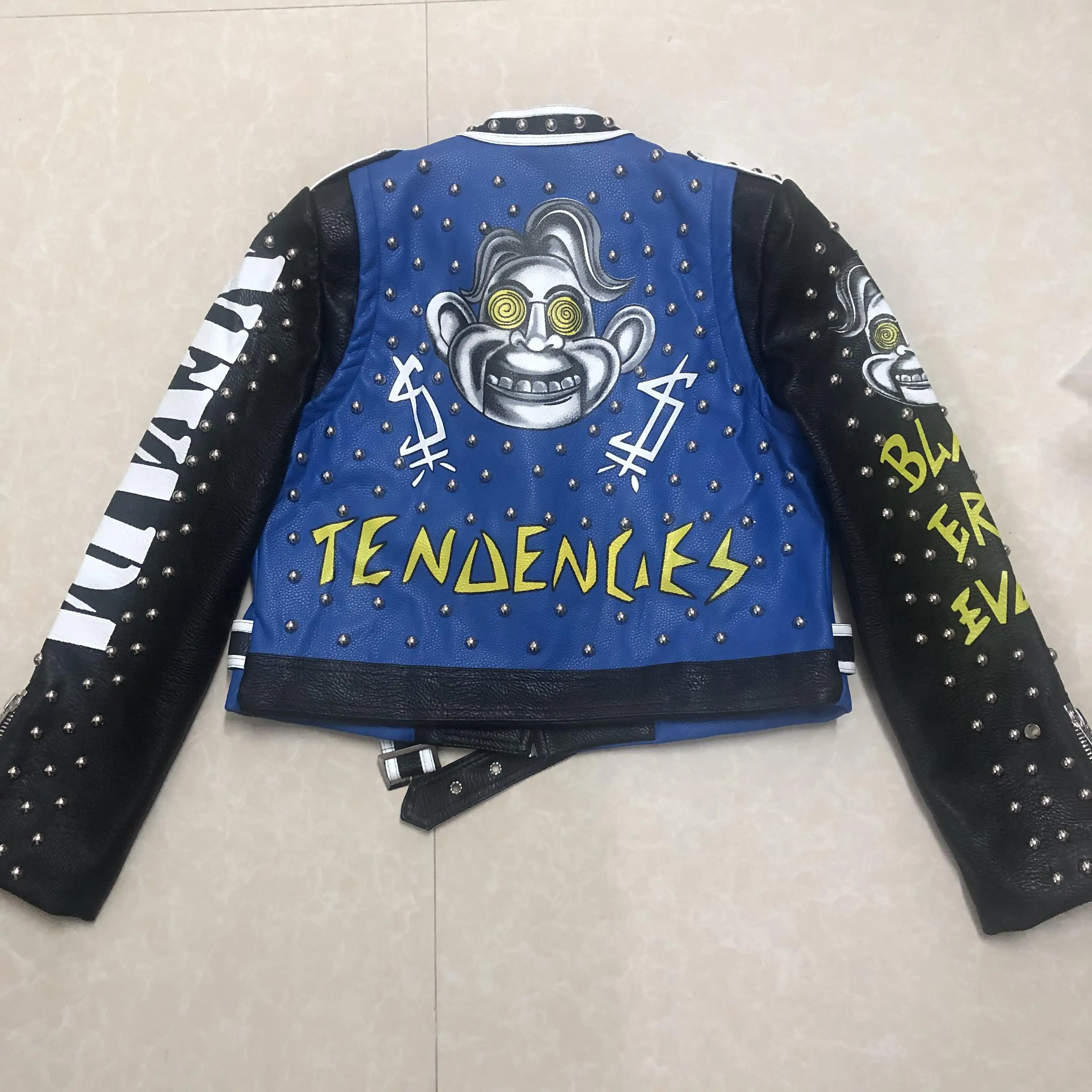 3D Graffiti soft pu leather jackets female cartoon character print  Jacket rivet beading Punk Rock Cropped leather Outerwear