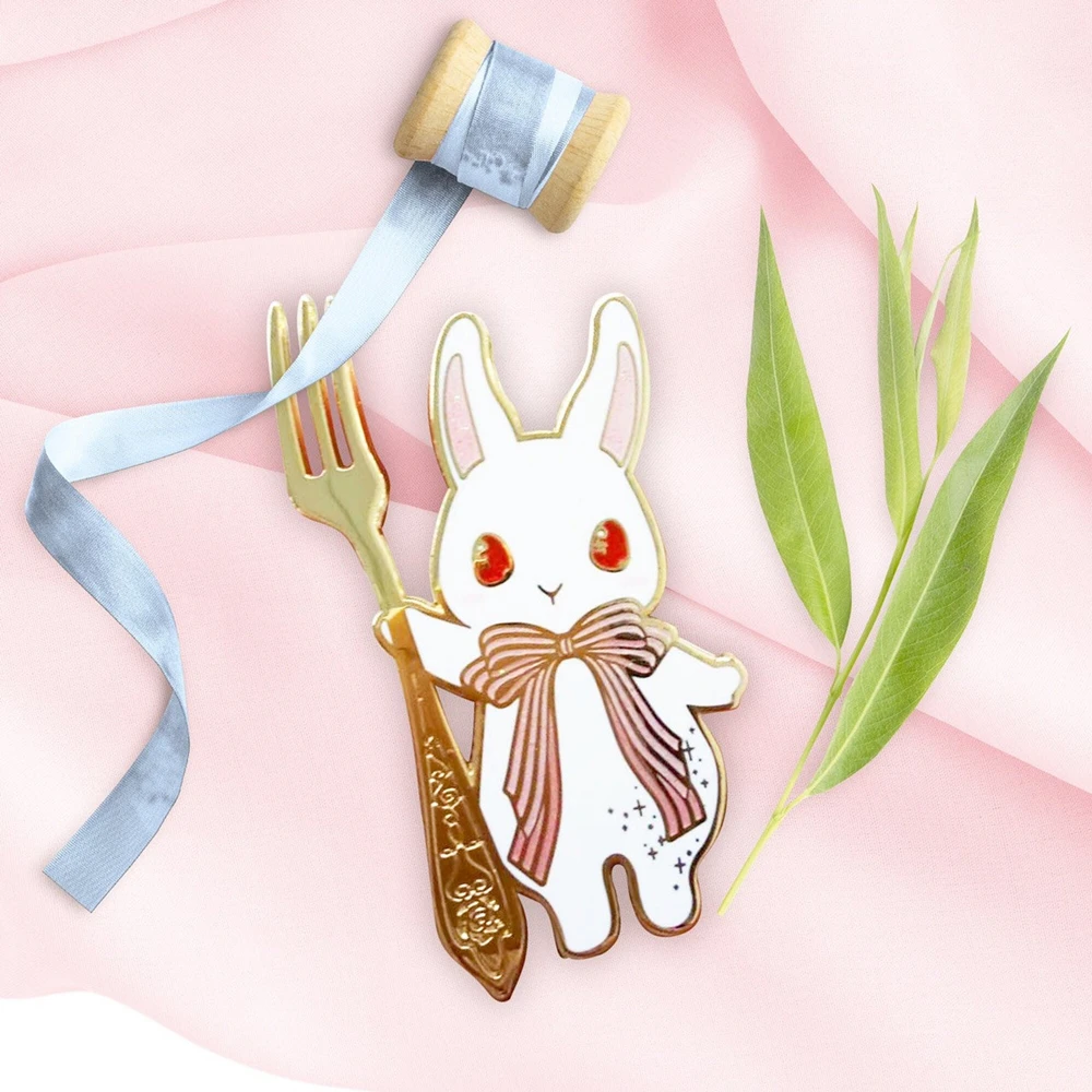 Kawaii Magic Bunny Hard Enamel Pin Fashion Cartoon Fork Pink Rabbits and Spoon Blue Rabbit Pastel Brooch Foodie Jewelry Gift